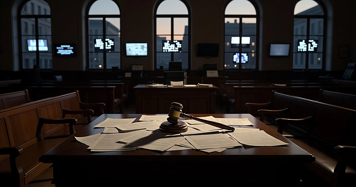 Empty courtroom with glowing television screens visible through windows, gavel on bench with blank documents below