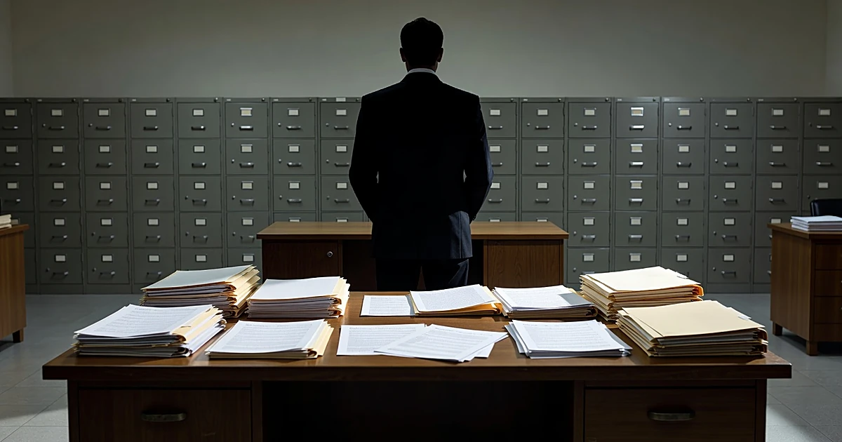 Silhouetted official at desk with stacks of documents in austere government office with filing cabinets