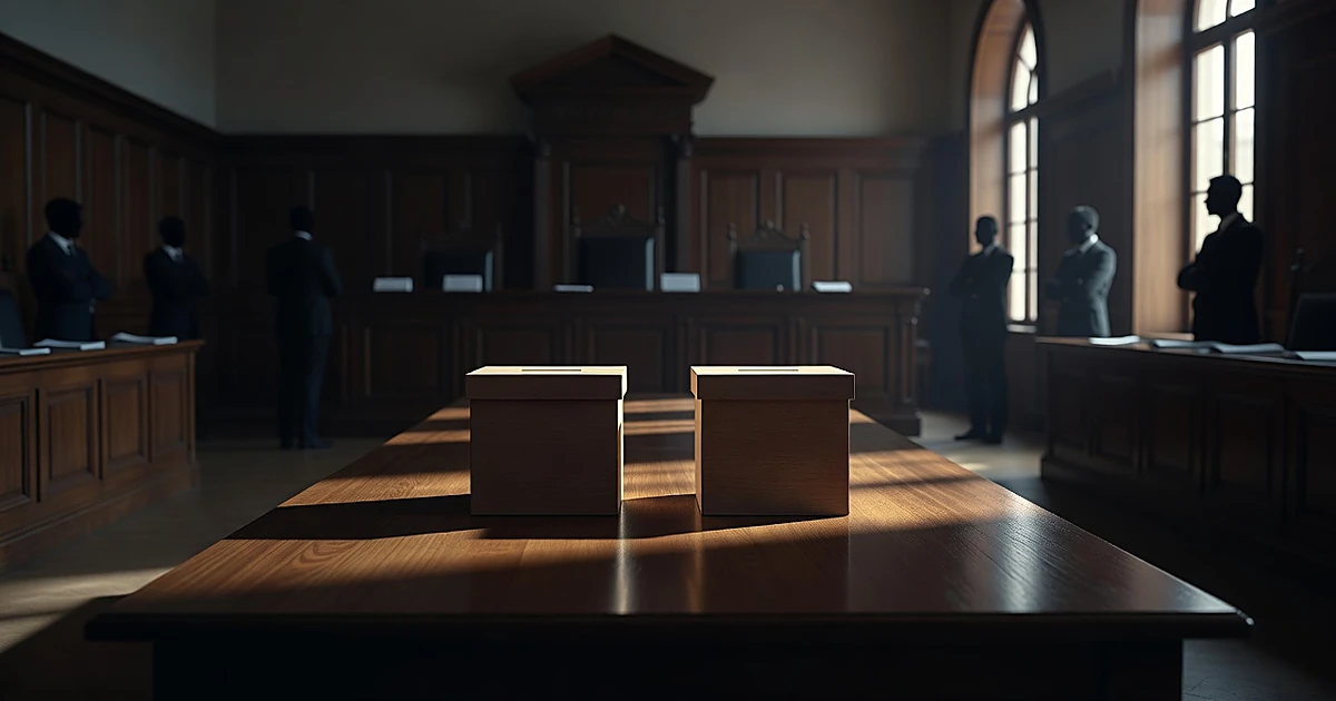 Two identical blank ballot boxes on courtroom table with overlapping shadows and distant silhouetted officials