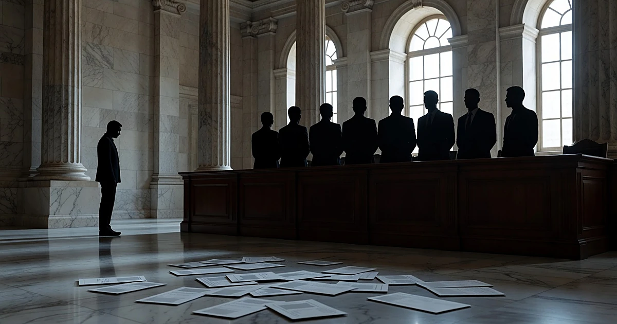 One silhouette stands alone, separated from eight others behind a judicial bench, with blank ID cards on the floor