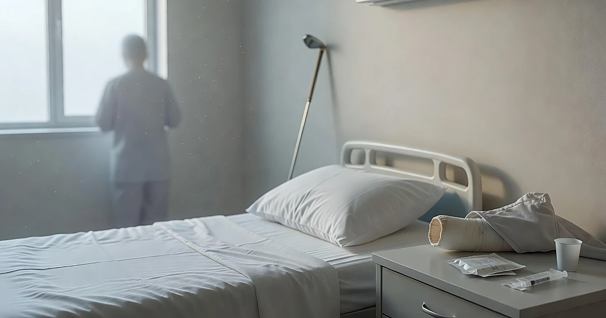 Hospital room with medical bed, cast and sling on bedside table, and golf club against wall