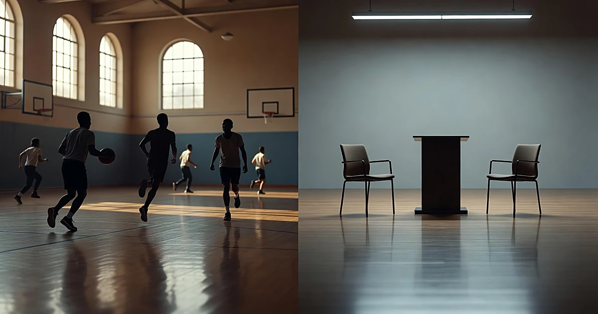 Split scene of gymnasium with athlete silhouettes and empty debate podiums under contrasting lighting