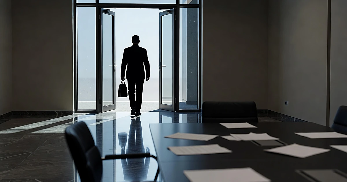 Silhouetted figure walking away from conference table toward bright exit of government building