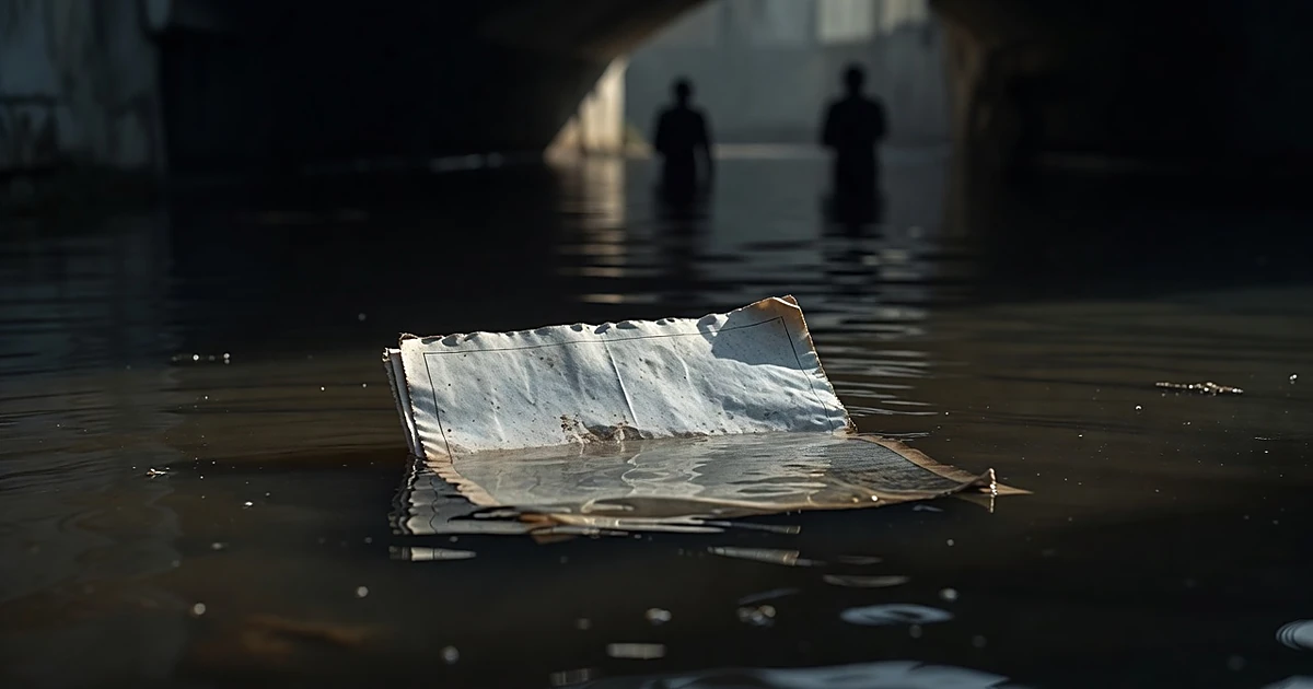 Document partially submerged in dark water with lower portion hidden beneath surface