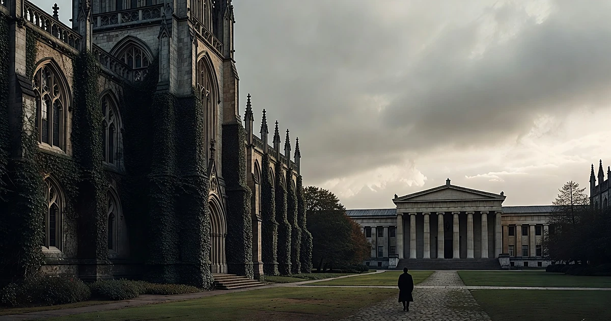 Silhouetted figure walking toward Gothic university buildings under overcast sky in somber lighting