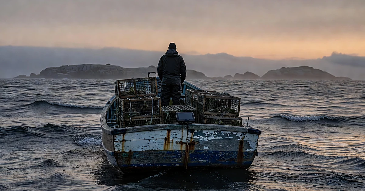 Lobster boat with GPS tracking device mounted on stern, fisherman silhouette at wheel, Maine coastal waters
