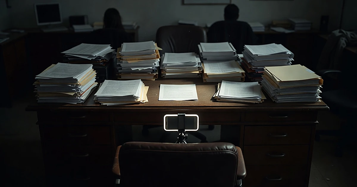 Desk buried in unsigned papers with one document isolated, while smartphone on tripod with ring light faces empty chair