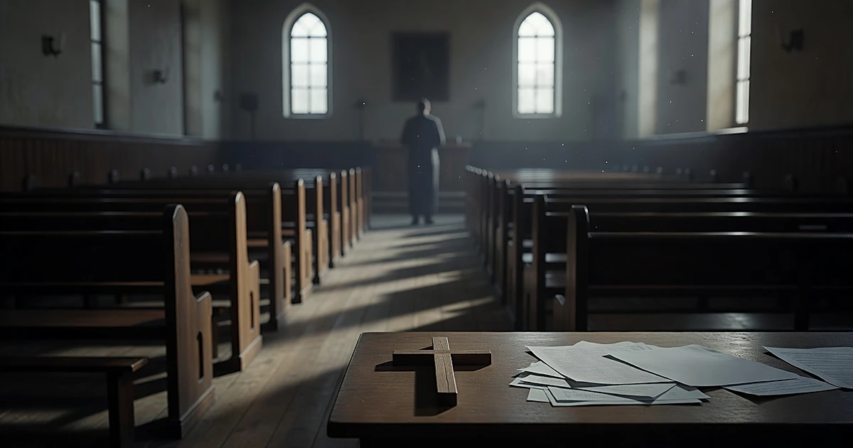 Dark silhouette at church pulpit with empty pews and papers on table in shadowy interior