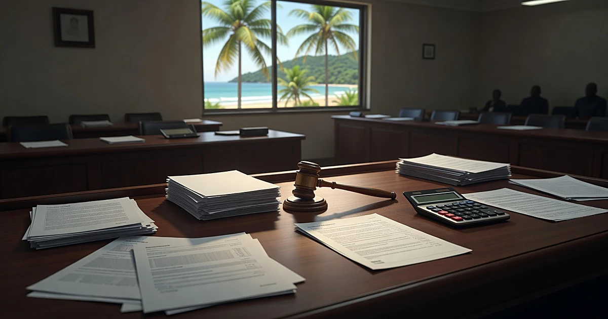 Empty legislative desk with gavel and papers, tropical palm trees visible through window in background