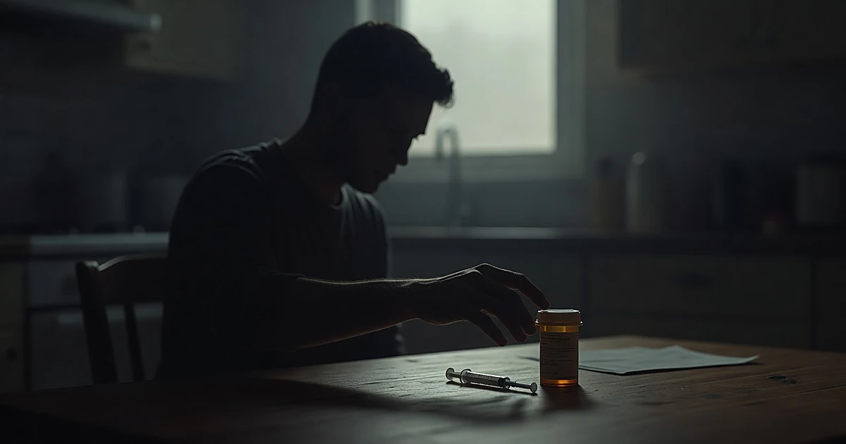 Silhouetted person reaching for medication bottle and injection pen on table with darkened, blurred background