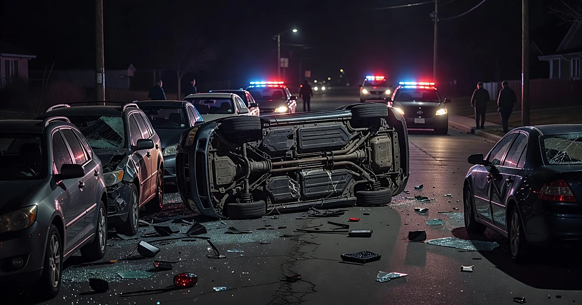 Overturned vehicle among damaged parked cars on dark street illuminated by emergency lights at night