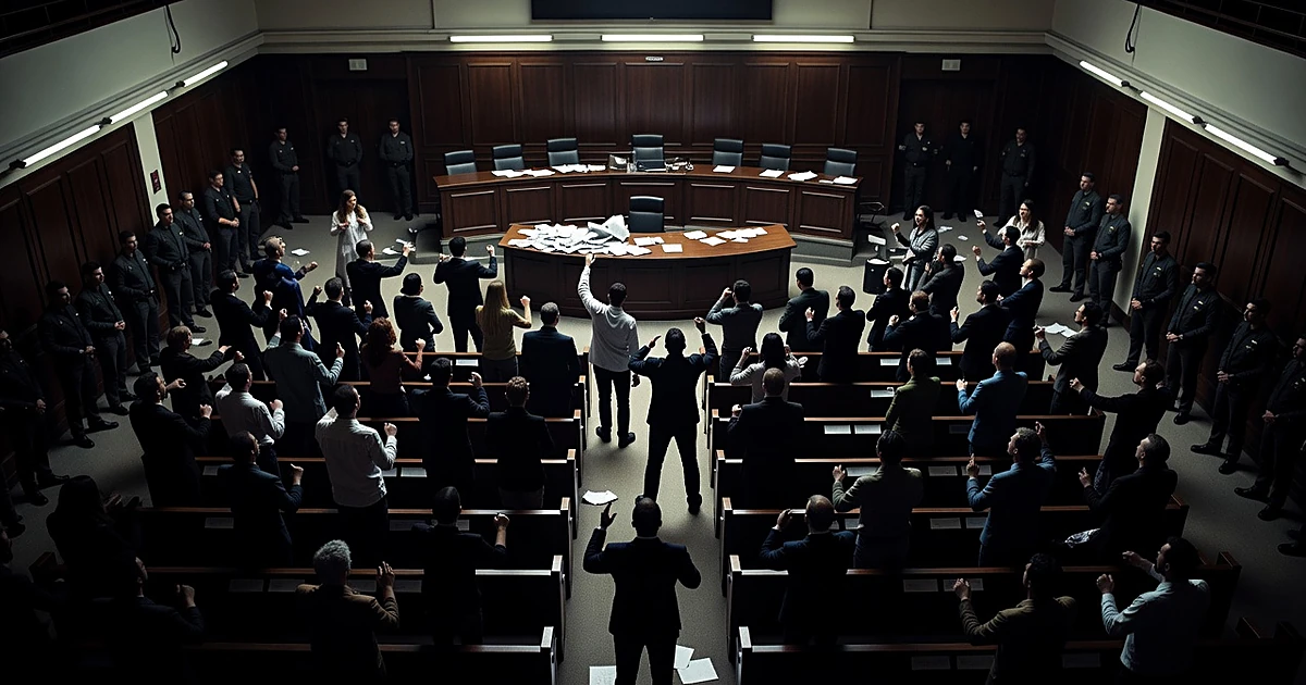 Crowded council chamber in disarray with standing silhouettes and scattered papers under harsh overhead lighting