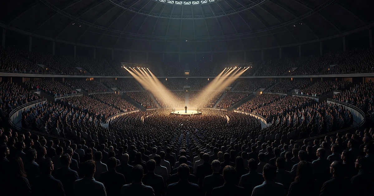 Silhouetted crowd filling arena seats facing illuminated stage with single figure speaking under dramatic spotlights