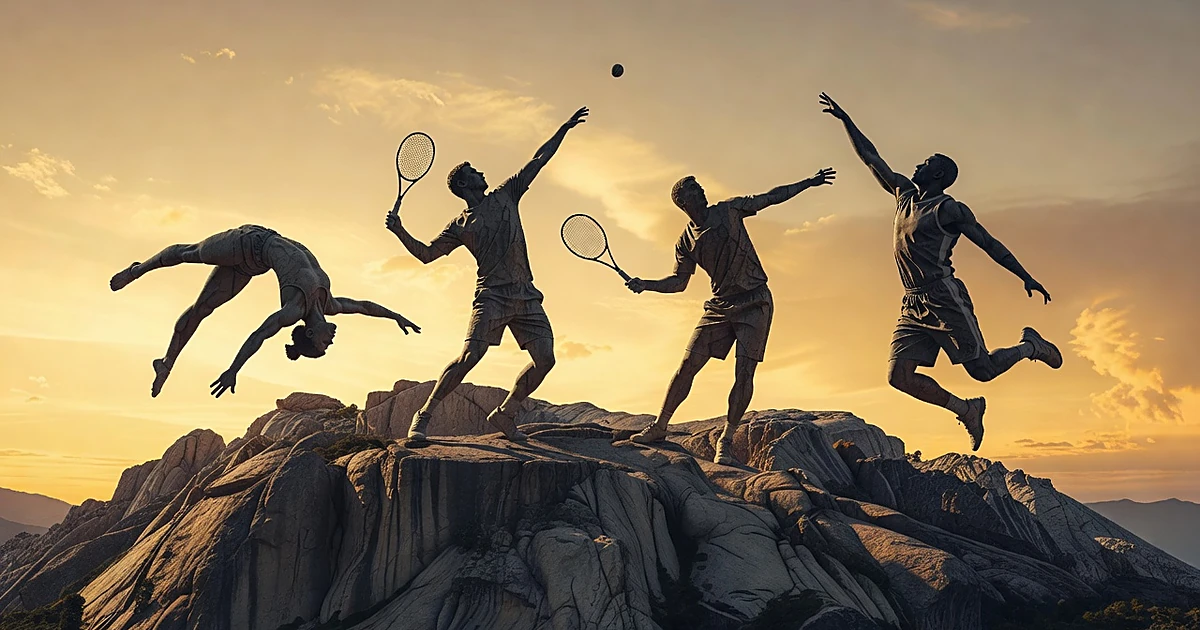 Mountain monument carved with silhouettes of four female athletes in dynamic sporting poses against sunset sky