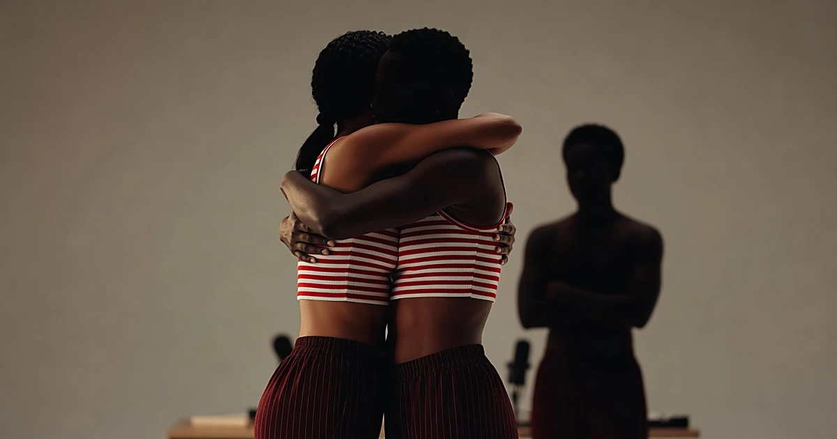 Silhouettes of two people hugging, one in striped crop top showing fit midsection, third figure nearby