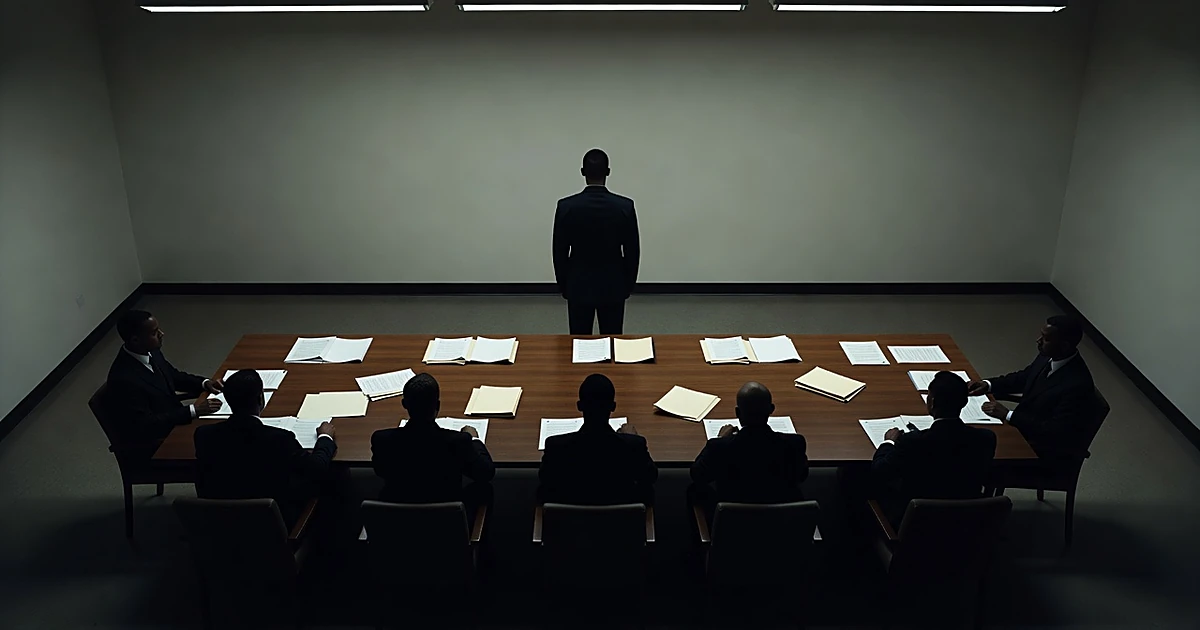 Silhouetted figures at a military review board table during an administrative hearing, viewed from above