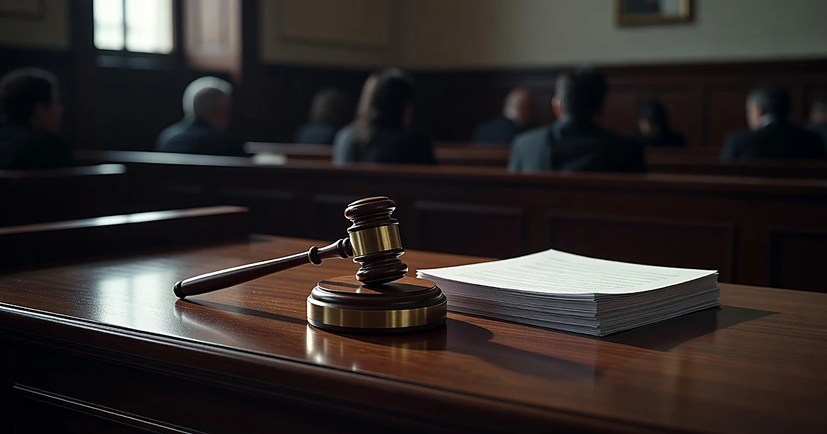 Gavel and blank legal documents on courtroom bench with silhouetted figures in background