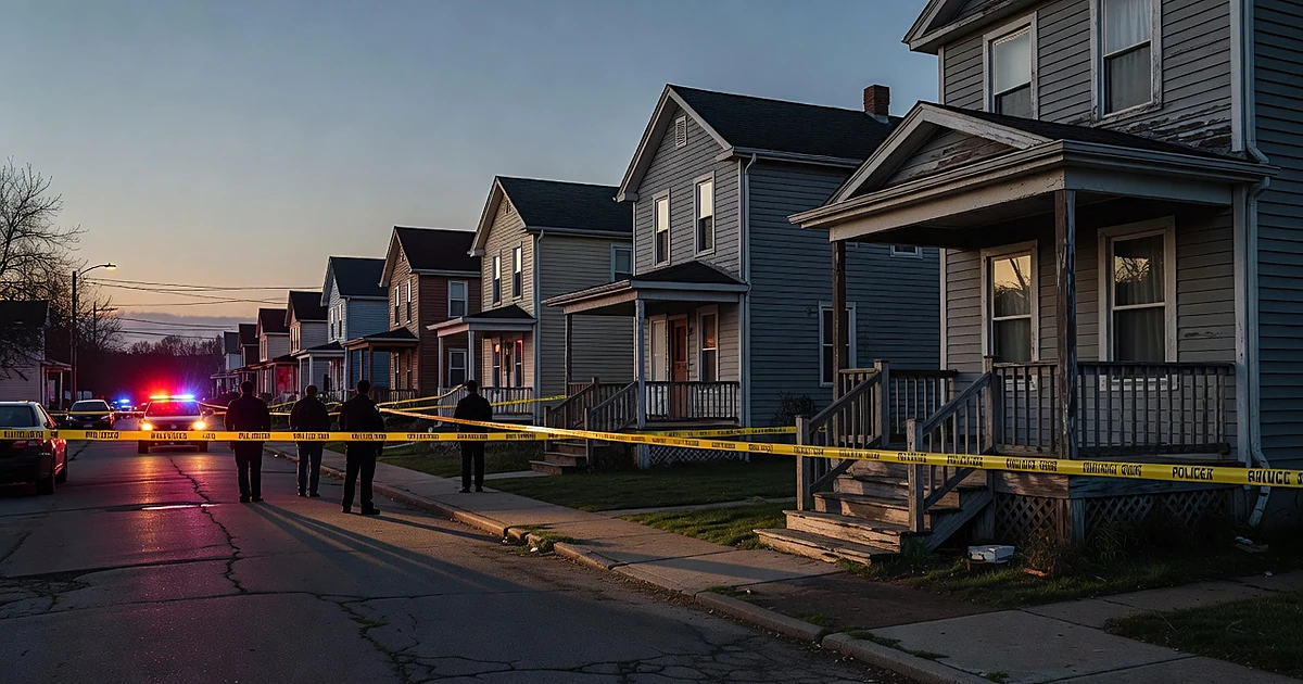 Police tape cordons off a residential home at dusk with emergency lights illuminating the quiet street