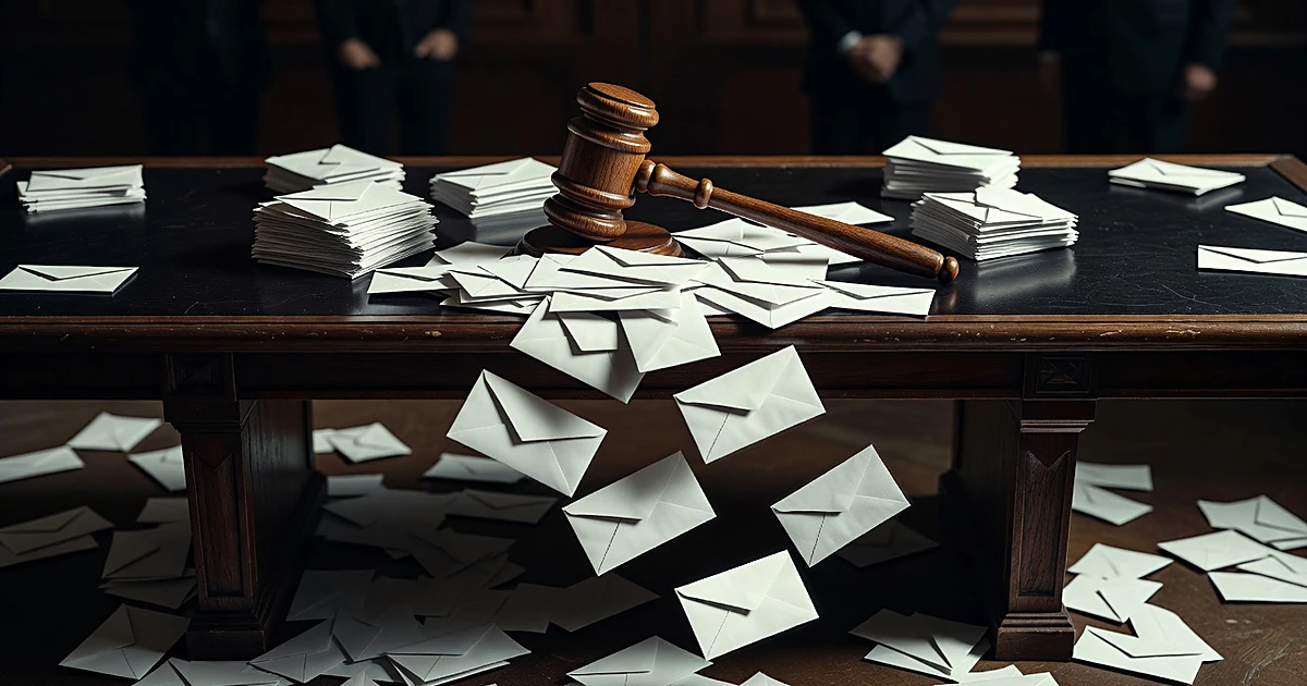 Judicial gavel on bench surrounded by scattered blank mail envelopes in dramatic overhead lighting