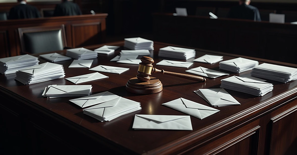 Gavel on judicial bench surrounded by scattered blank mail ballot envelopes under dramatic lighting