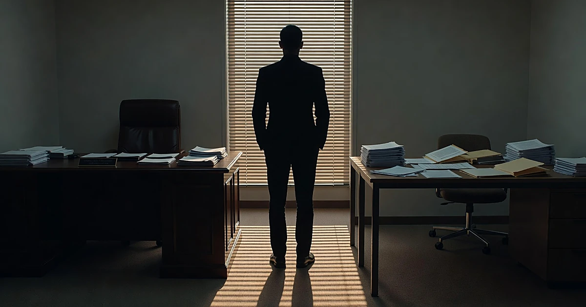 Silhouetted person standing between two office spaces, viewed from behind in striped window light