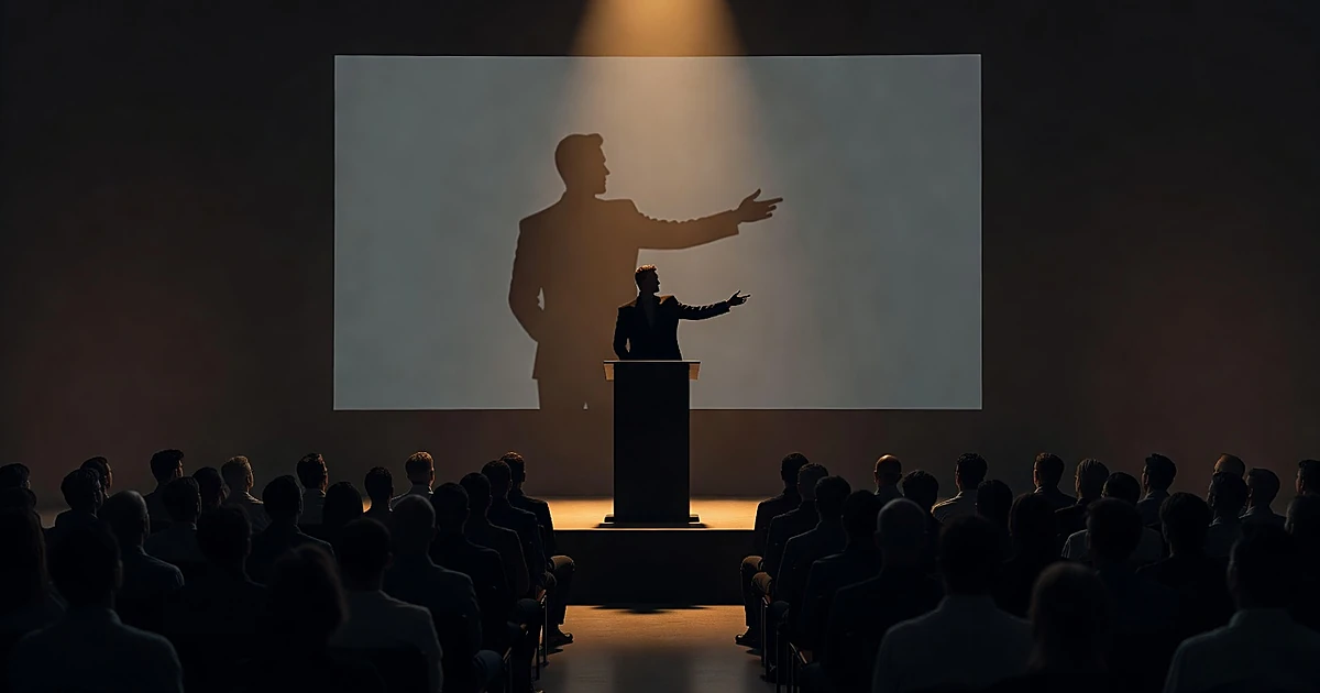 Silhouetted speaker at podium with another silhouette on screen behind, audience shown from behind in foreground