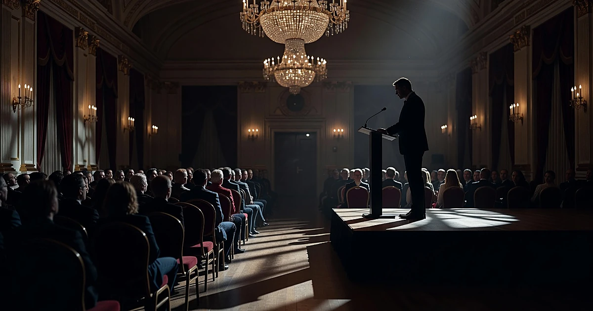 Silhouetted speaker at podium addressing seated audience in chandelier-lit ballroom during political fundraiser