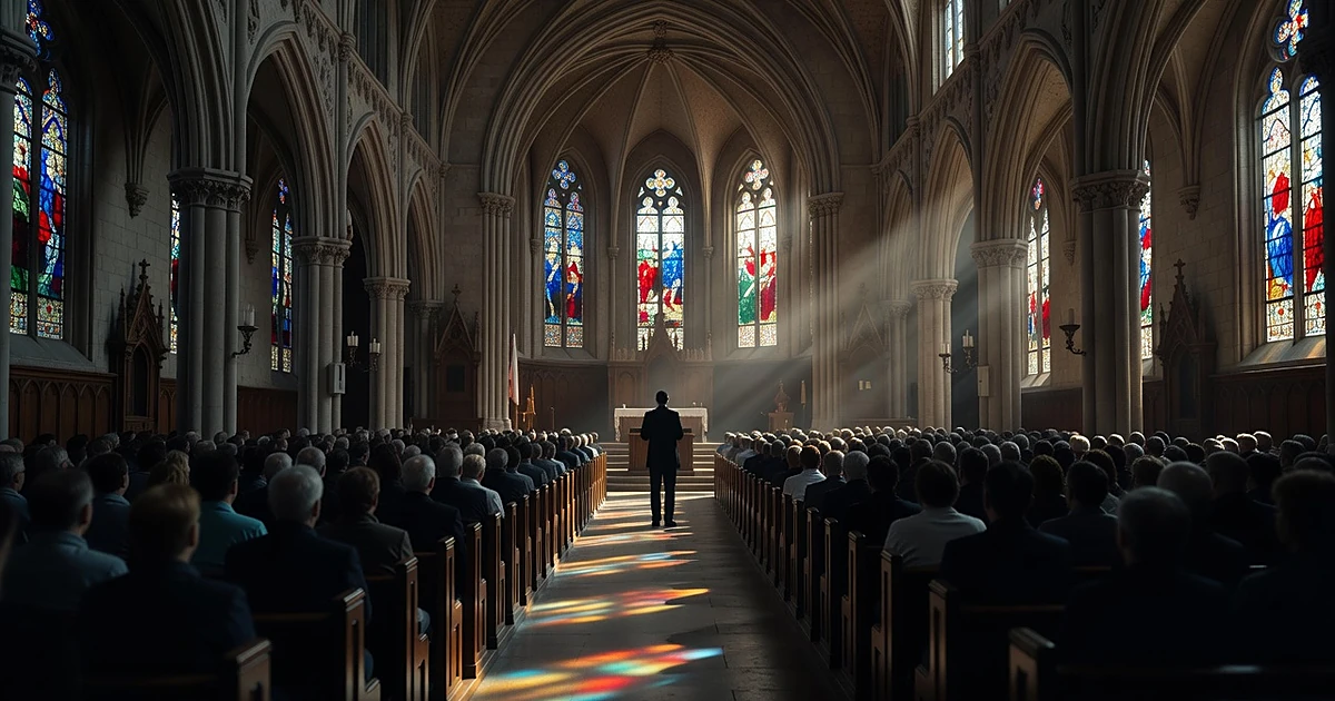 Silhouetted congregation seated in church pews facing speaker at podium, lit by stained glass window light