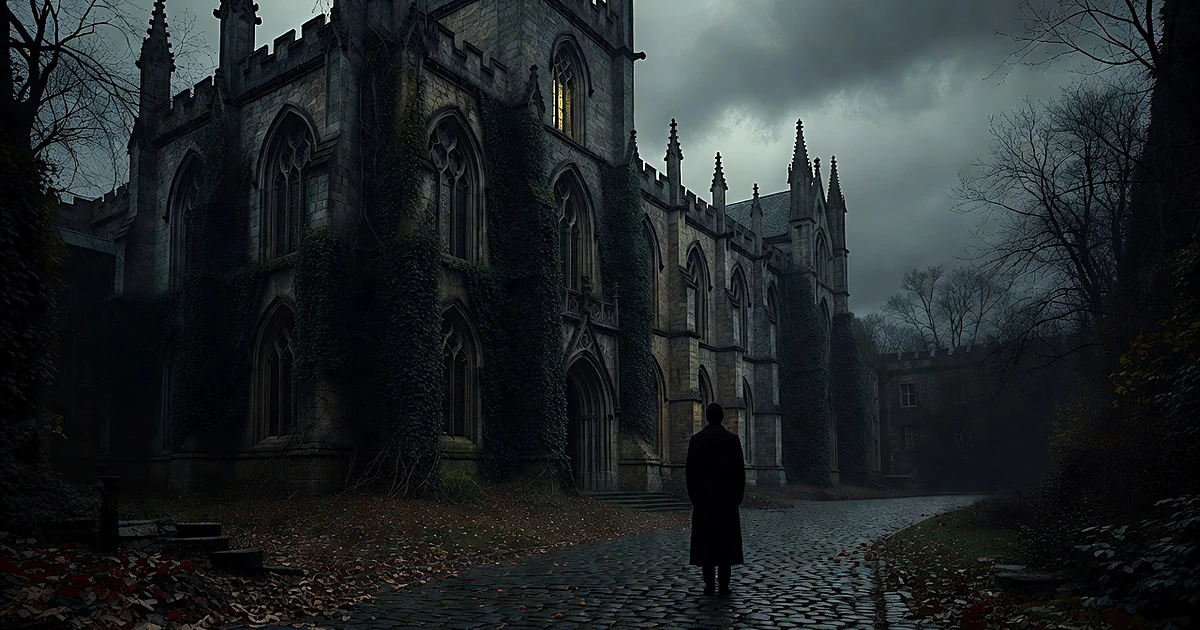 Silhouetted figure facing a dark collegiate building with illuminated window under overcast sky