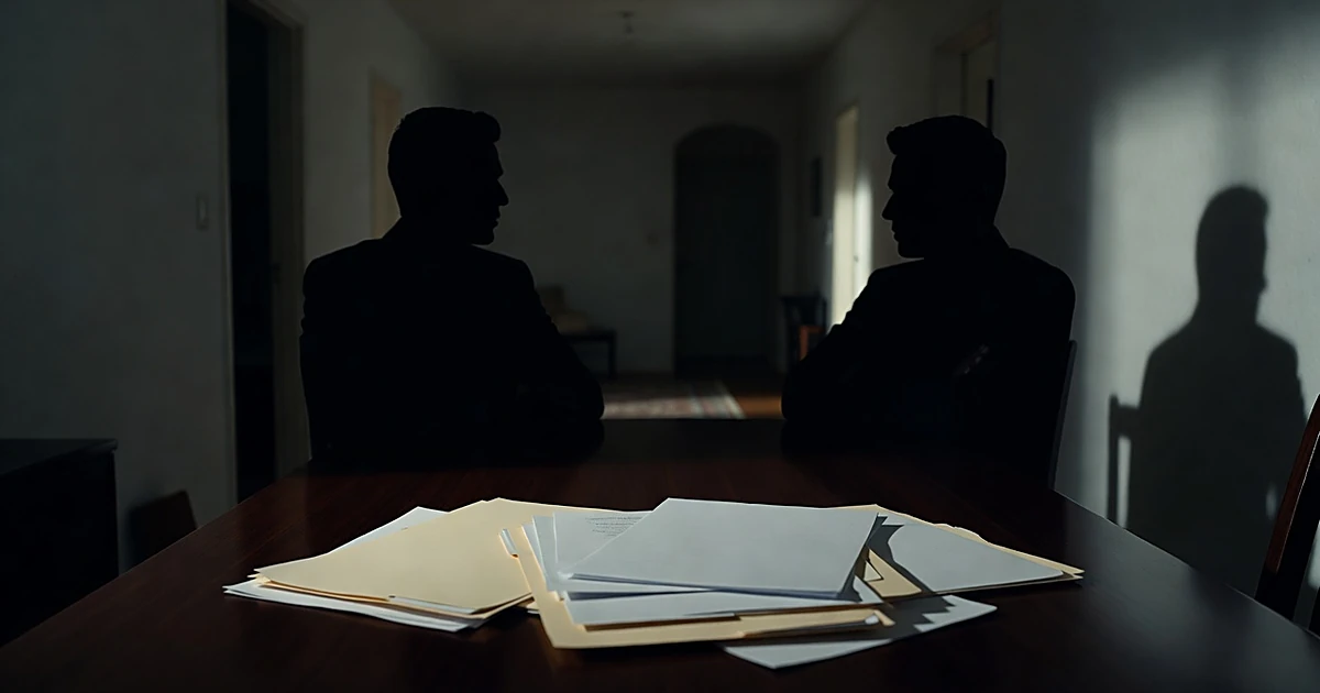 Silhouetted figures in interview setting with documents and residential interior in background