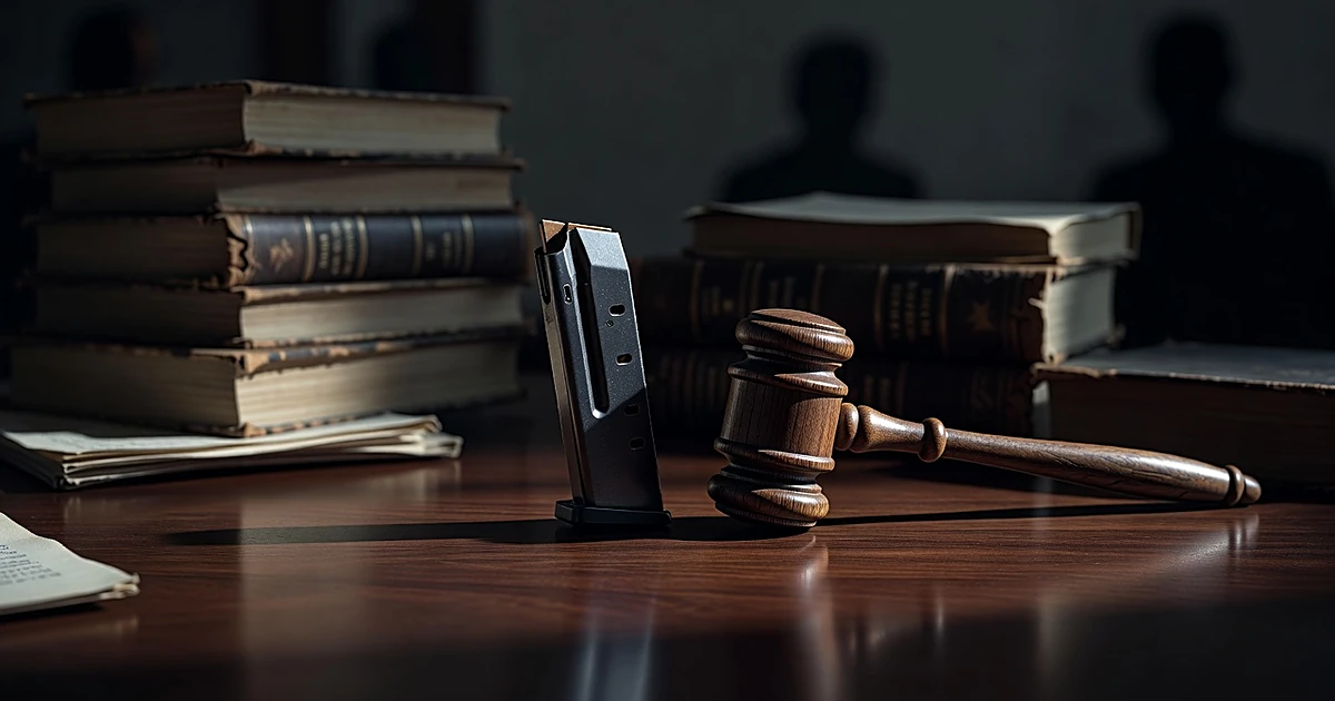 Gun magazine and judge's gavel on wooden desk with law books in background, dramatically lit from the side