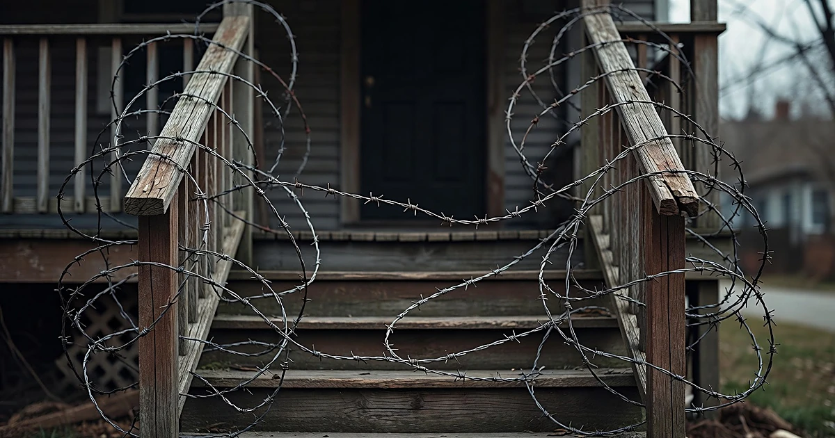 Barbed wire coiled around front porch handrails blocking access to a residential doorway