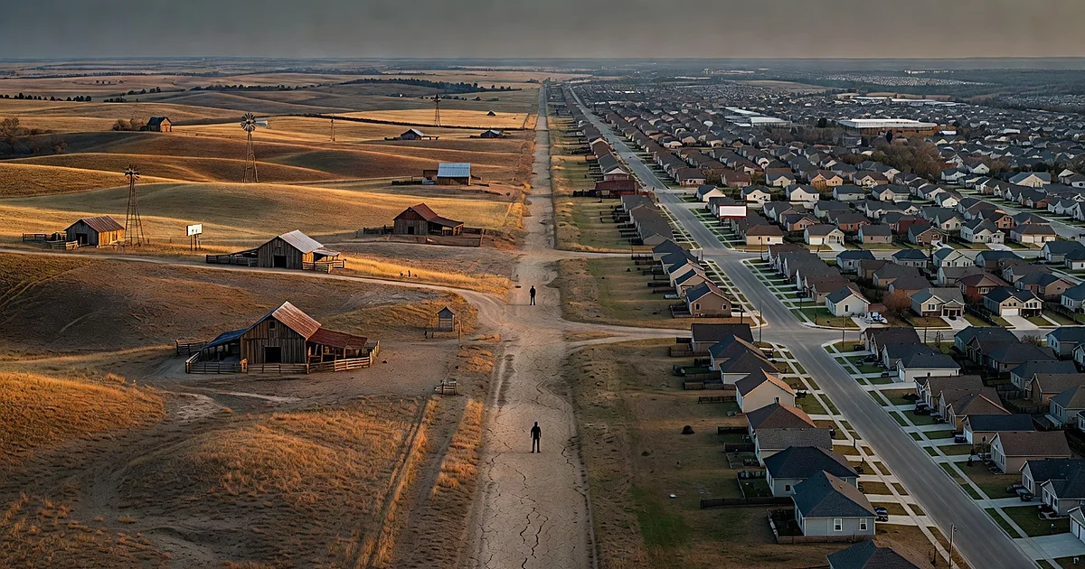 Split Texas landscape showing rural farmland on one side and suburban development on other with silhouettes separated