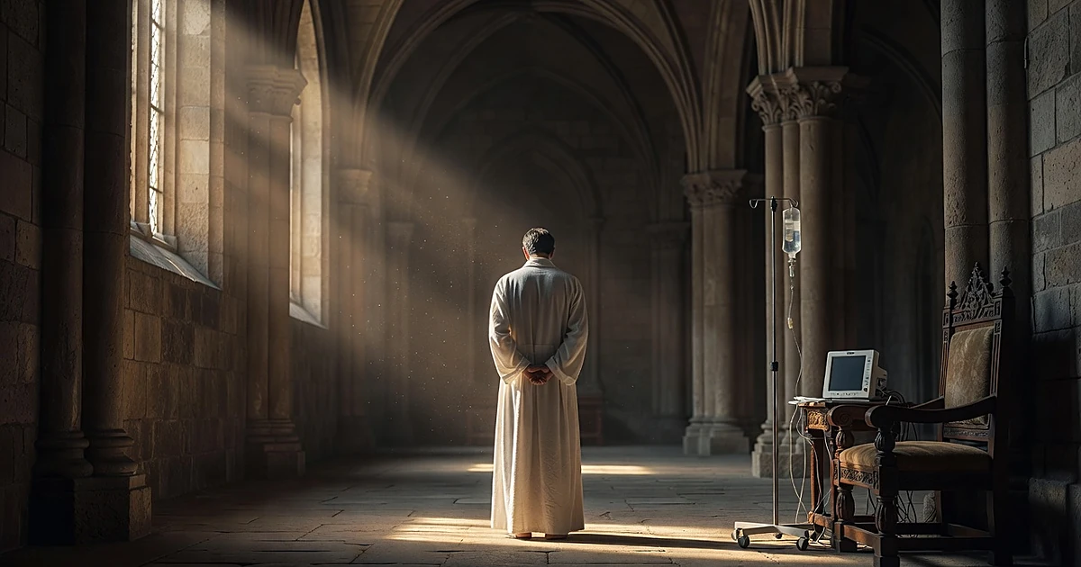 Figure in white robes from behind in chapel with medical equipment nearby in soft light