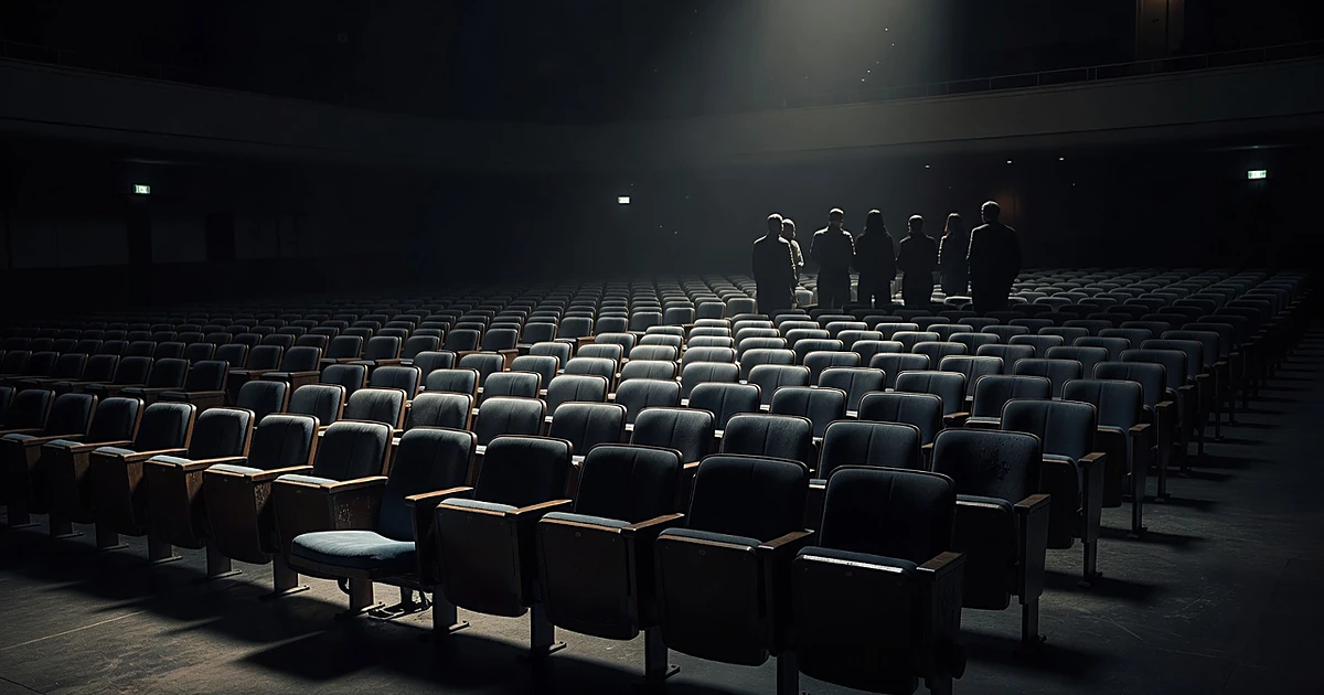 Empty auditorium seats in spotlight with shadowy figures standing in background of darkened venue