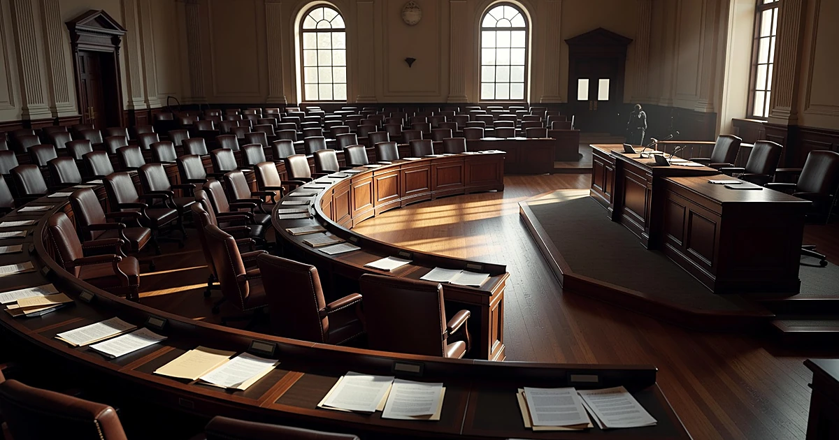 Empty Senate committee room with vacant chairs and abandoned desks bathed in afternoon light