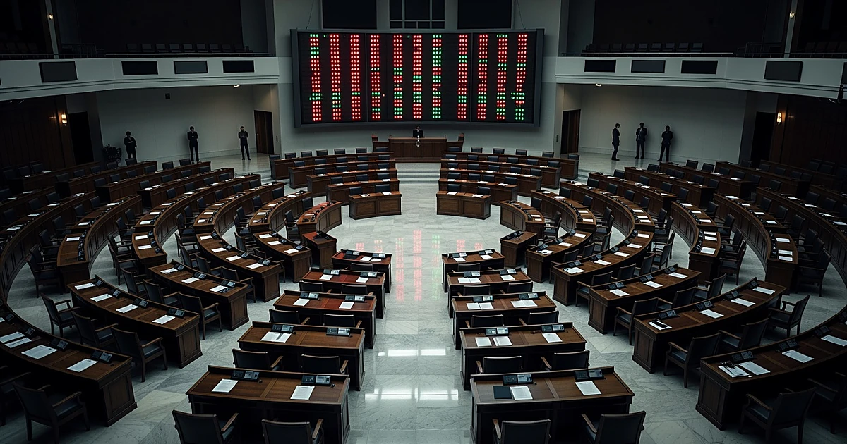 Overhead view of legislative chamber with voting board showing colored lights indicating a divided vote result