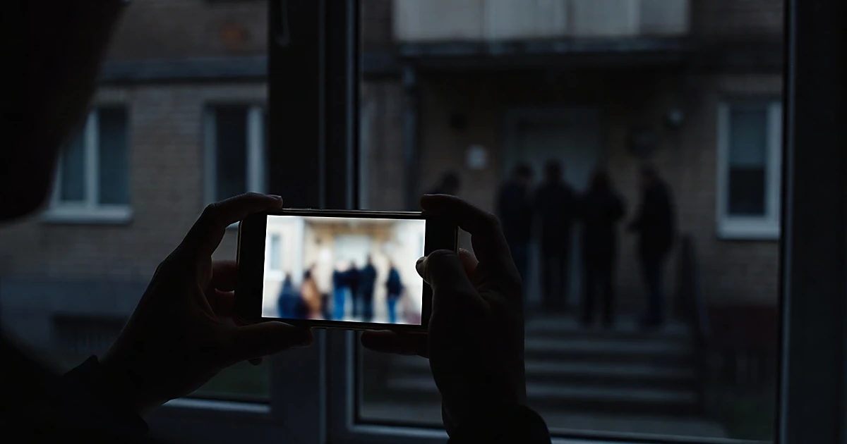 Silhouetted hands holding smartphone with glowing screen, shadowy figures at apartment doorway visible in background