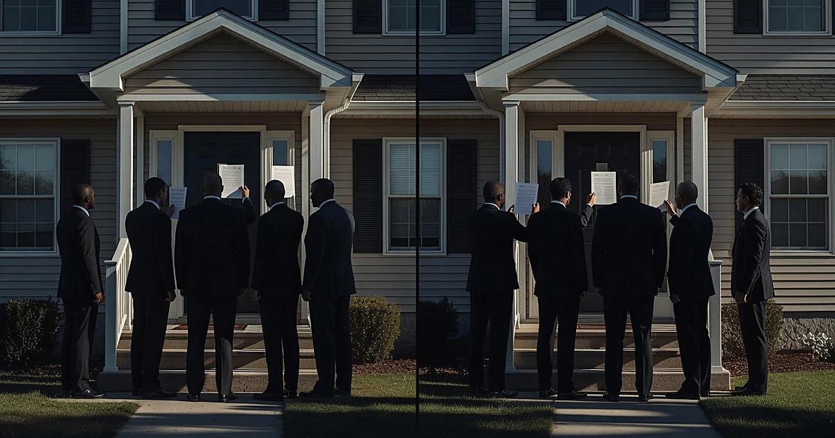 Two identical home entrances showing silhouettes of federal agents at doorways, suggesting parallel law enforcement raids
