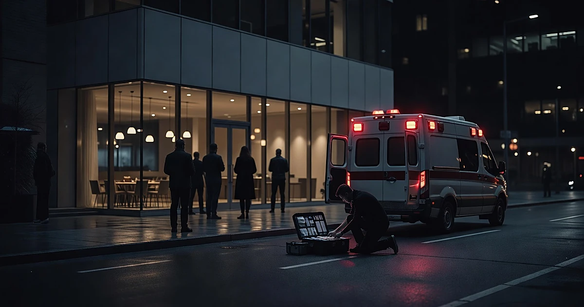 Emergency responders attend to someone on pavement outside restaurant at night with ambulance lights flashing