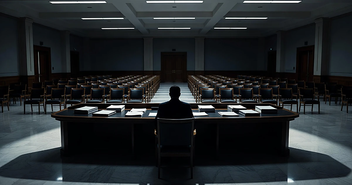 Empty Senate hearing room with silhouetted figure at witness table surrounded by blank documents and folders