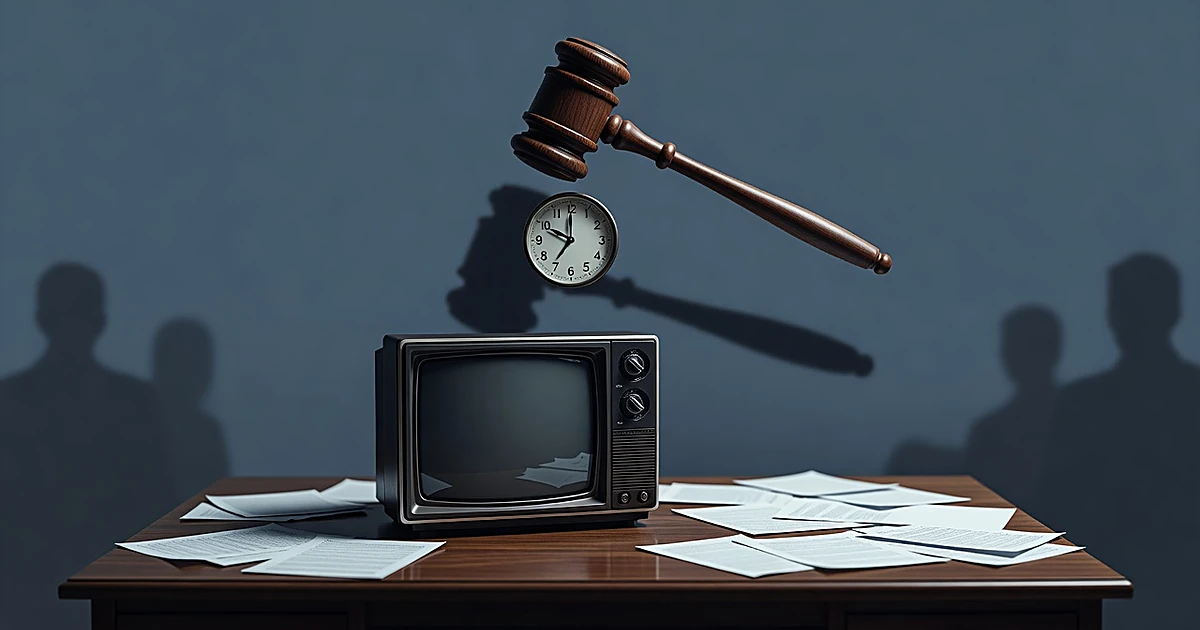 Gavel suspended over frozen clock above television set with blank screen and scattered papers on wooden surface