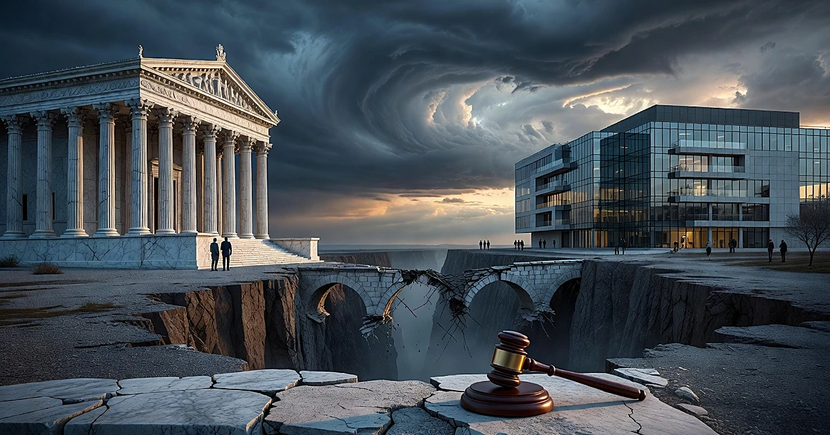 Two government buildings separated by a widening chasm with a gavel on fractured stone in the foreground