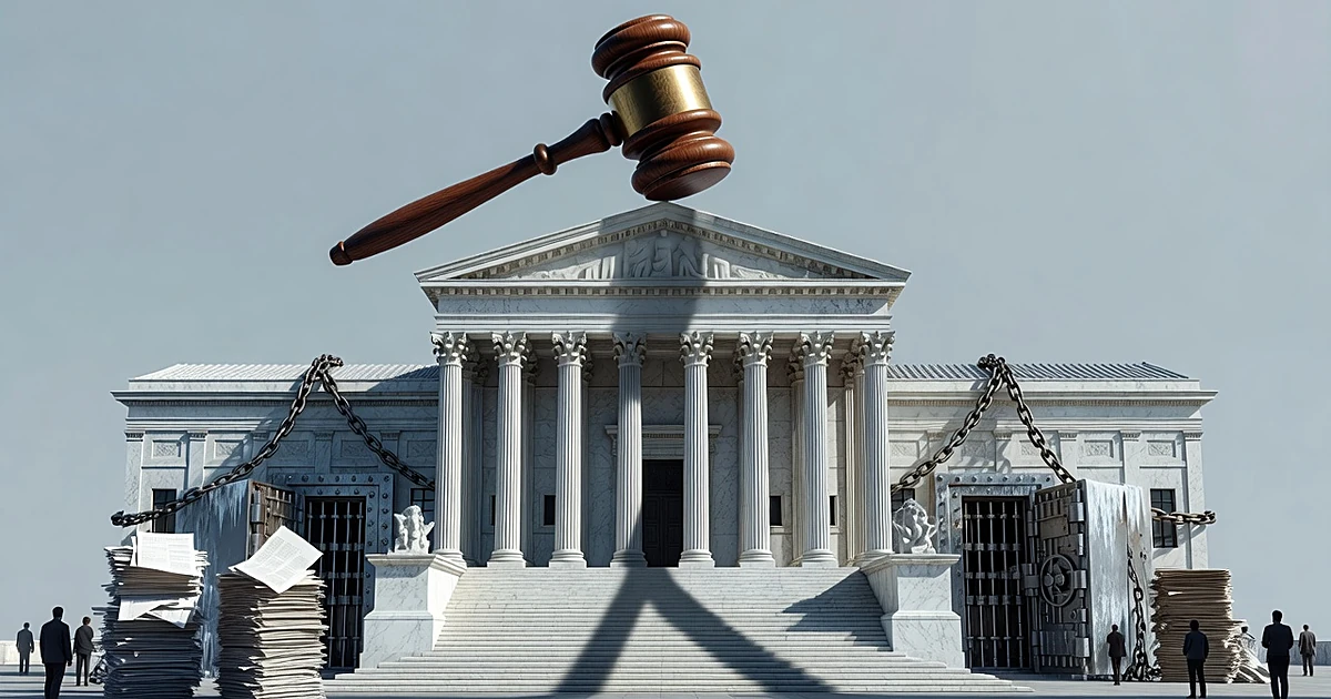 Large gavel casting shadow over courthouse surrounded by vault doors and financial documents in cold blue tones