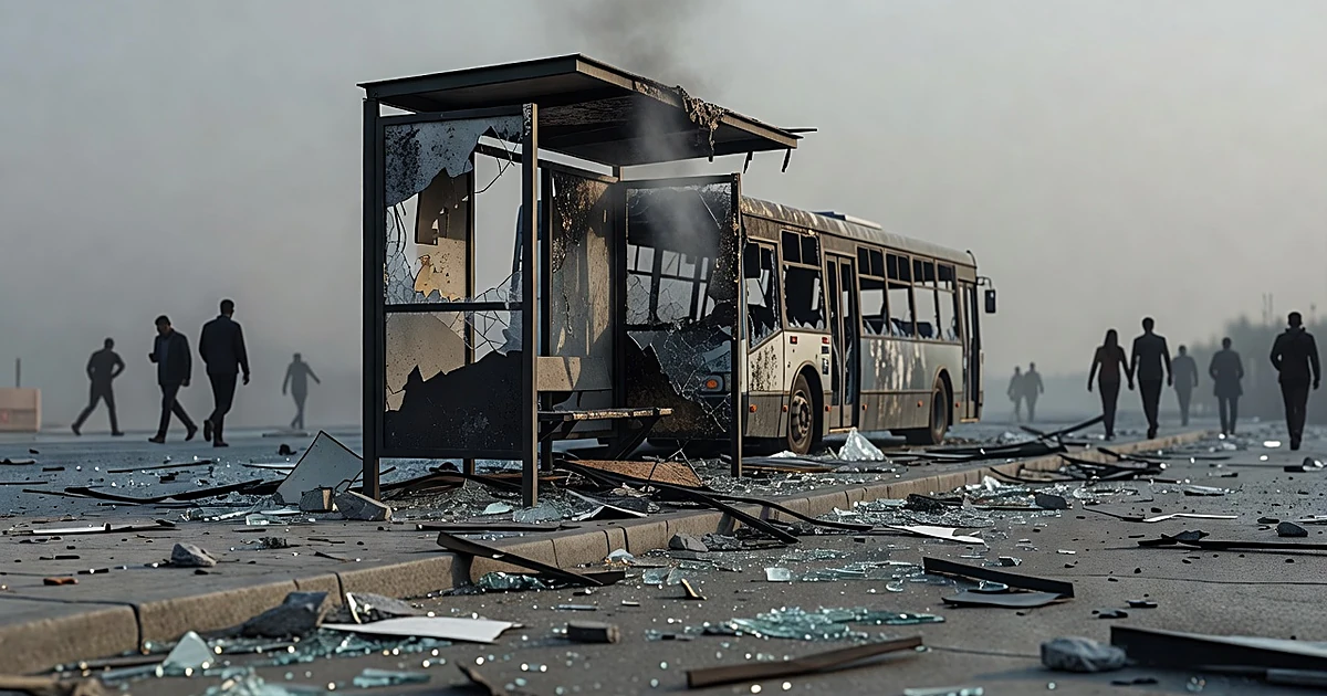 Damaged bus stop with debris and broken glass scattered on pavement, smoke rising, silhouettes in background