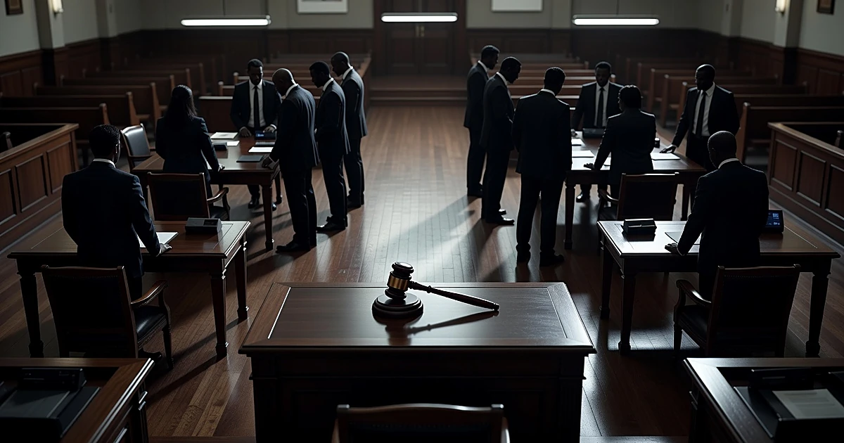 Courtroom with judge's bench and gavel, silhouetted figures at opposing tables under institutional lighting