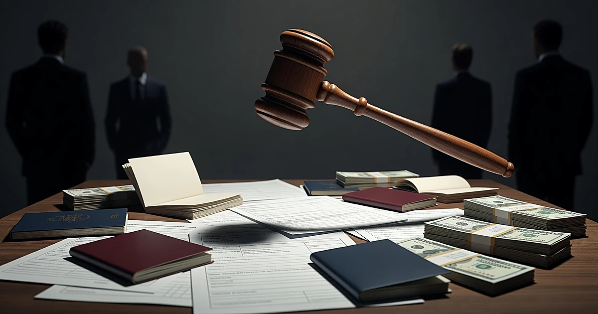 Gavel descending toward visa documents and currency with silhouetted figures in shadows