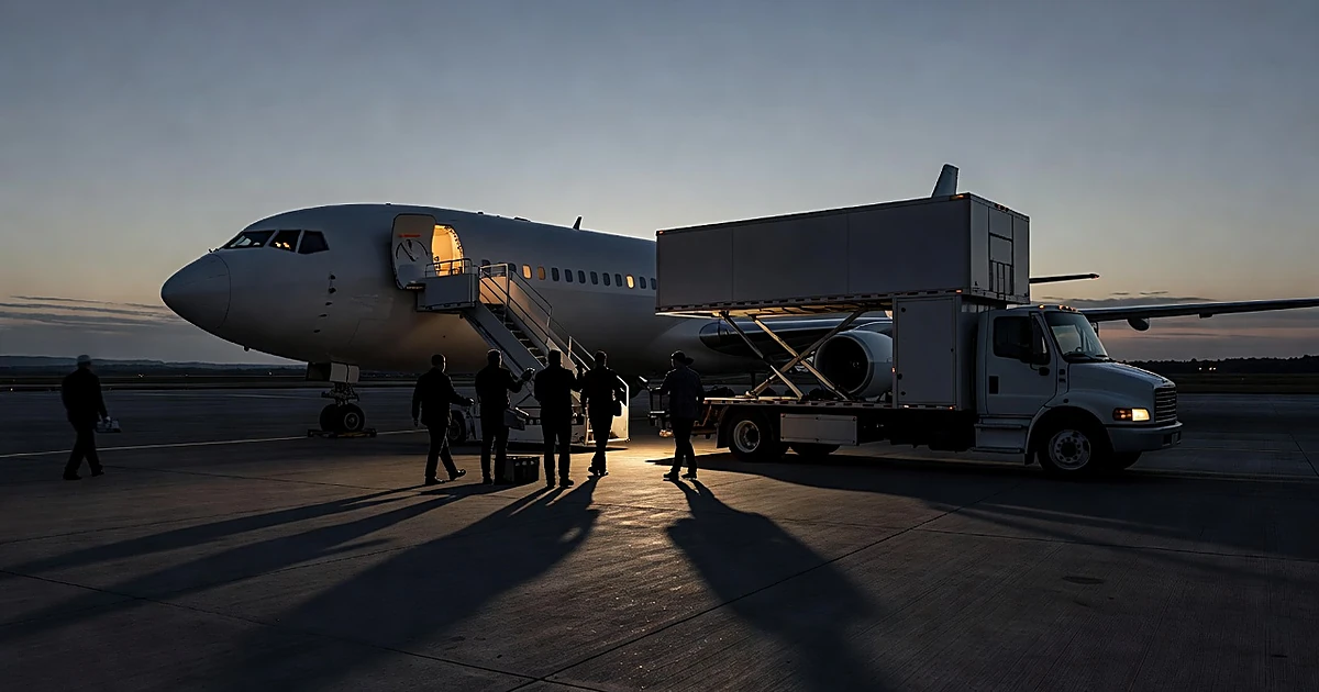 Catering truck approaching presidential aircraft on tarmac with silhouetted figures moving between vehicles at dusk