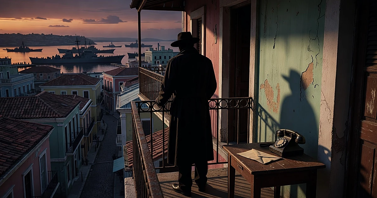 Silhouette at balcony overlooking Caribbean city with naval ships in harbor at dusk, telephone on table nearby