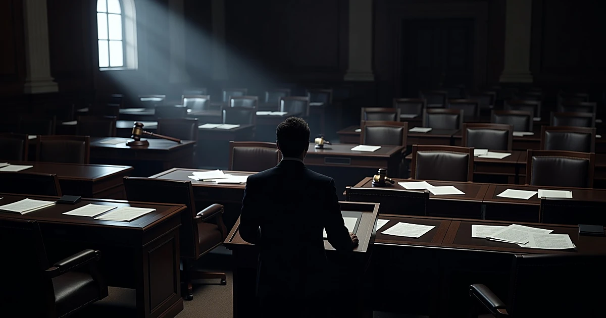 Silhouetted figure at podium facing empty congressional chamber with gavel and scattered documents